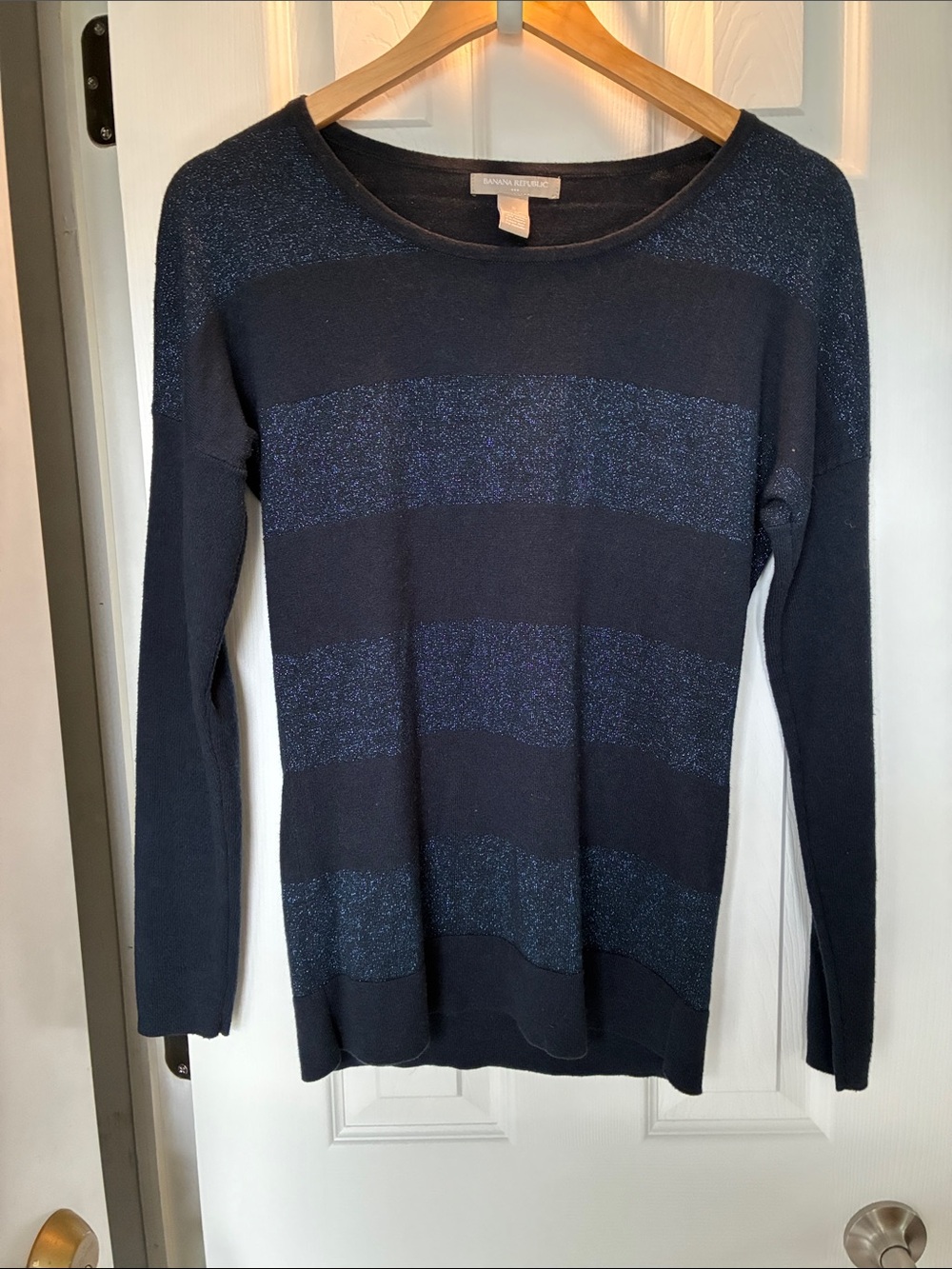 Banana Republic Navy Glitter-Striped Scoop Neck Sweater